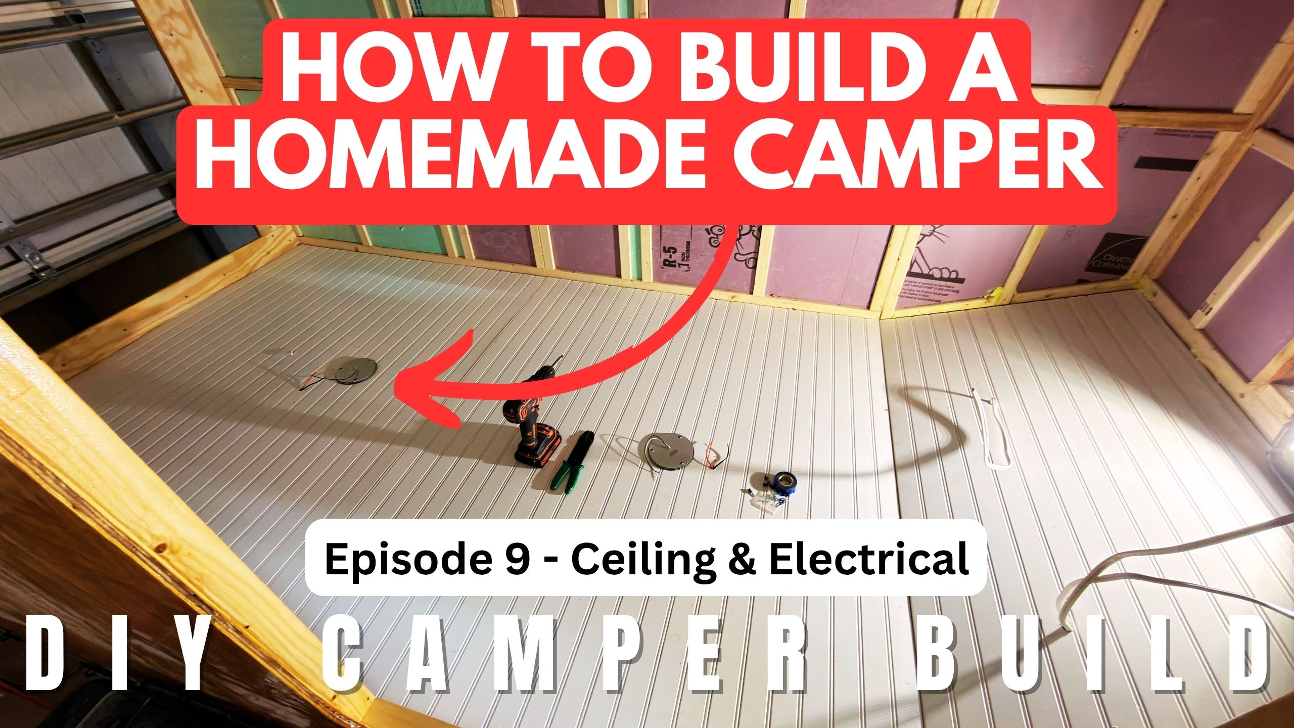 DIY camper ceiling paneling installation in a homemade camper