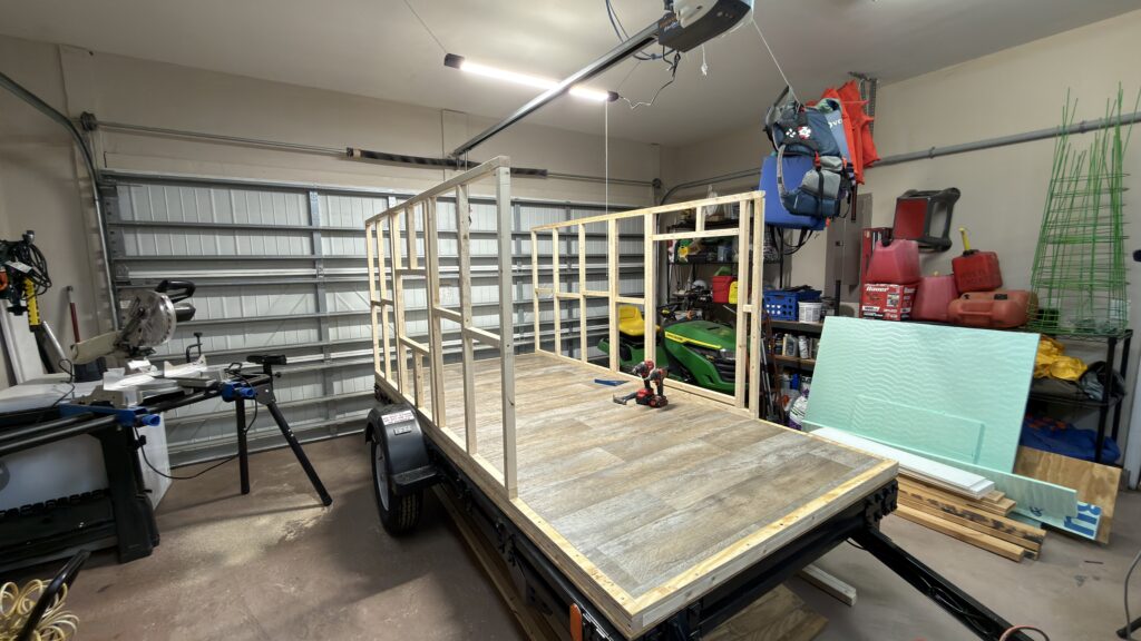 Wooden wall framing on our homemade camper trailer